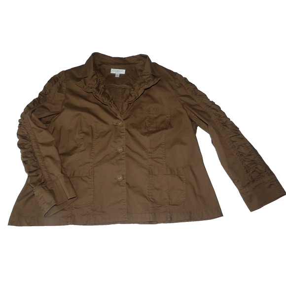Conrad C Cotton Button Jacket Women's 18 Shirt Scrunch Sleeve Pockets Brown - Picture 1 of 9